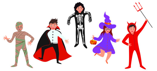 Fototapeta na wymiar Set of boys and girls wearing Halloween costumes isolated on white background. Cartoon vector characters witch, dracula, devil, skeleton, mummy, for party, web, mascot