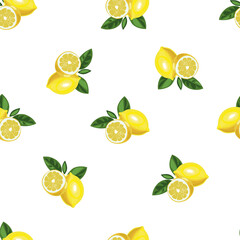 Nice lemon with slice and leaves background. Vector hand drawn seamless pattern