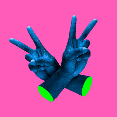 Contemporary minimalistic artwork in neon bold colors with hands showing victory sign. Surrealism...
