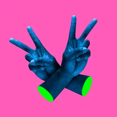 Fotobehang Contemporary minimalistic artwork in neon bold colors with hands showing victory sign. Surrealism creative wallpaper. Psychedelic design pattern. © master1305