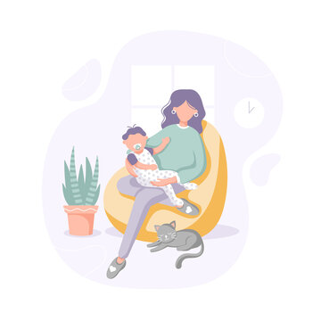 Young mother sitting on the bean bag chair with baby and cat. Woman holding her cute child. Happy Mother's day. Maternity concept illustration in vector flat style.