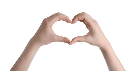 Woman making heart with her hands against white background, closeup