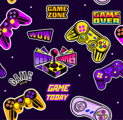 Cute seamless abstract pattern in pixel game style on black background. Colorful gamer template with gamepads, game slogans and gamer aesthetics. Flat cartoon vector illustration © Rudzhan