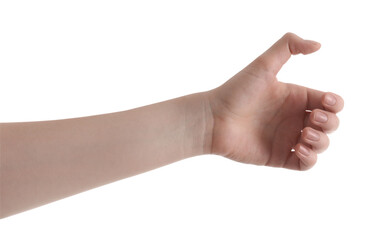 Woman against white background, closeup of hand