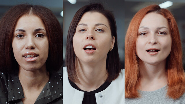 Set 3 in 1 multiethnic women talking to camera