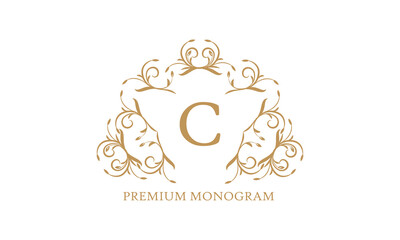 Premium logo template for restaurant, royalty, boutique, cafe, hotel, heraldry, jewelry, fashion and more. Vector illustration with letter C
