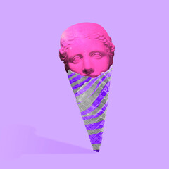 Contemporary art collage, modern design. Summertime mood. Icecream filled with antic statue head on...