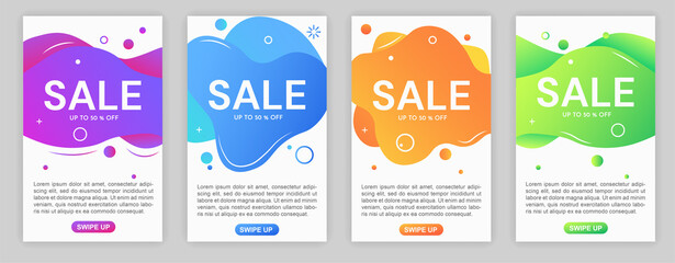 Set of cute colorful dynamic modern fluid illustrations for sale banners. Concept of sale banner template design, super sale special offer. Flat cartoon vector illustration
