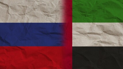 United Arap Emirates and Russia Flags Together, Crumpled Paper Effect Background 3D Illustration