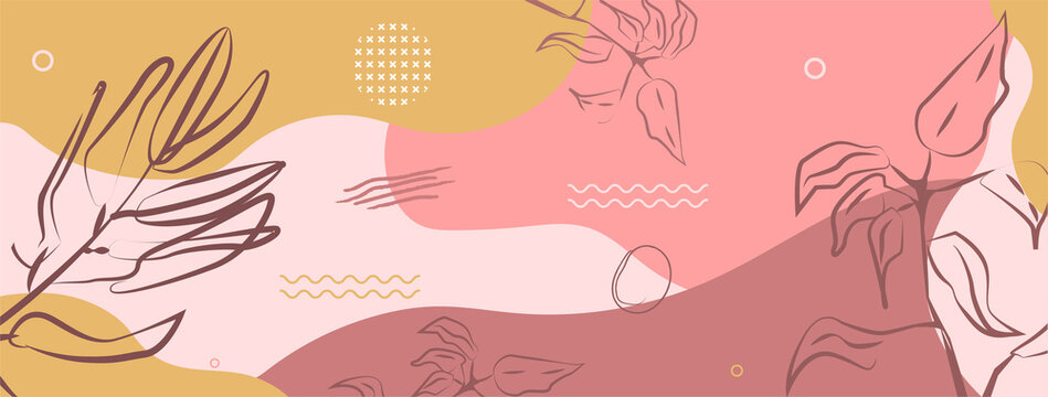 Cute botanical banner with organic shapes, leaves, branch and plants. Abstract natural elements in colorful doodle style for holiday, business. Flat cartoon vector illustration © Rudzhan