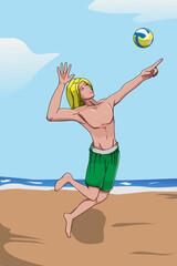 Man smashing volleyball on the beach