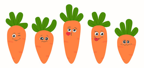 Set of cute carrots with funny faces on white background. Collection of cute carrot stickers for social media emotional texting. Flat cartoon vector illustration