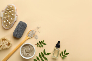 Flat lay composition with pumice stone on beige background. Space for text