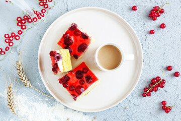 Delicious berries cake with cream filling. Healthy summer dessert.