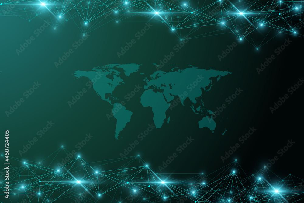 Aufkleber World map global technology networking concept. Digital data visualization. Lines plexus. Big Data background communication. Scientific illustration.