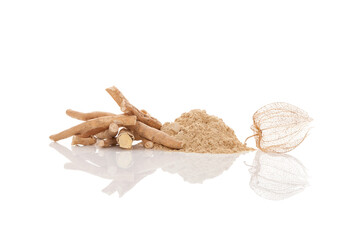 Aswagandha root and powder isolated on white background.