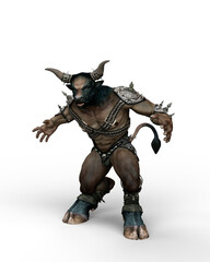 3D illustration of a Minotaur, the mythical monster from Greek mythology, in fighting pose isolated on a white background.