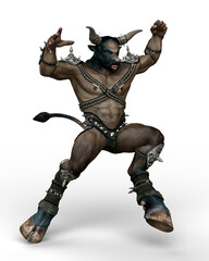 3D illustration of a Minotaur, the mythical part man, part bull monster from Greek mythology, leaping in battle isolated on a white background.