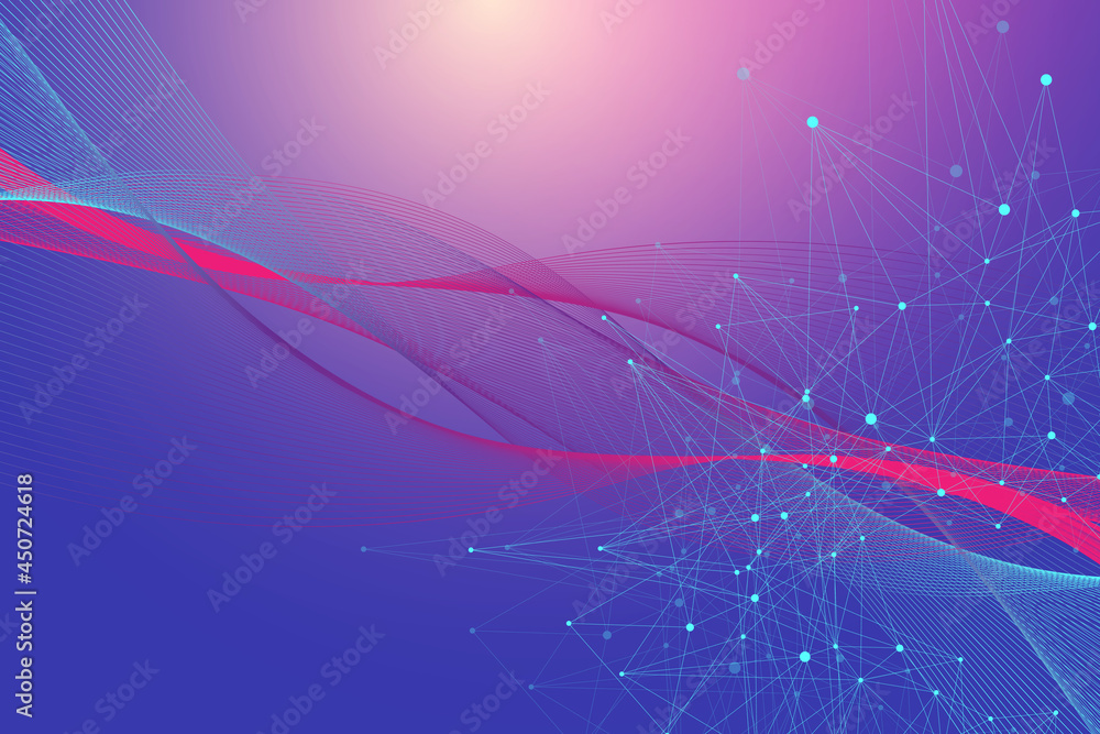 Poster Geometric graphic background molecule and communication. Big data complex with compounds. Lines plexus, minimal array. Digital data visualization. Scientific cybernetic illustration.