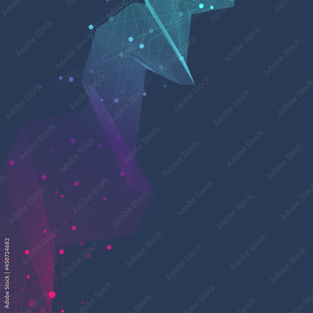 Poster Geometric graphic background molecule and communication. Big data complex with compounds. Lines plexus, minimal array. Digital data visualization. Scientific cybernetic illustration.