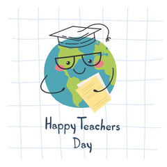 Cute cartoon hand draw card for teacher's day. Vector print in flat style. Hand drawn lettering - Happy Teacher's Day.