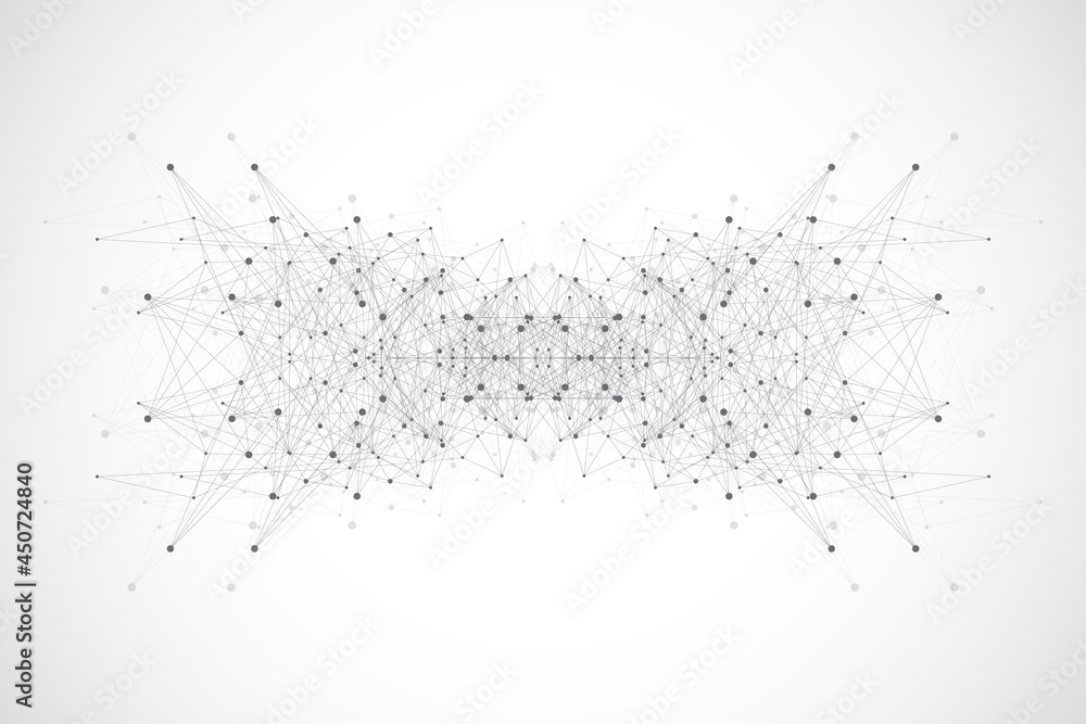 Poster Geometric graphic background molecule and communication. Big data complex with compounds. Lines plexus, minimal array. Digital data visualization. Scientific cybernetic illustration.
