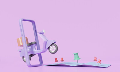 Motorcycle scooter online delivery parcels box concept. smartphone pin pointer mark location and office shipping. maps service express trunking on purple pastel background. 3D rendering