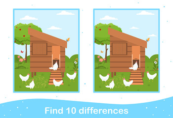 Easter worksheet with find differences game for children. Holiday educational activity with hen coop and chickens. Printable worksheet with cute hatching chicks. Flat cartoon vector illustration