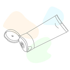 Opened cream tube template. Hand-drawn line art with abstract color spots. 