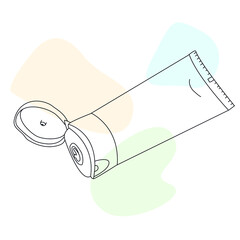 Opened cream tube template. Hand-drawn vector line art with abstract color spots. 