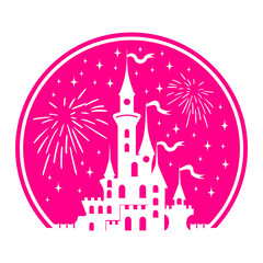 Silhouette of Princess Castle in circle. Fantasy pink palace on the background of fireworks and stars. Fairytale Royal Medieval Paradise Palace. Cartoon vector illustration. © Kiselov