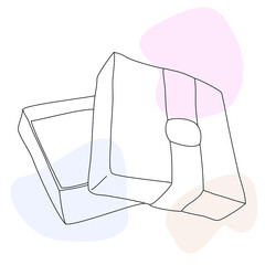 Small gift box, jewelry packaging. Hand-drawn vector line art with abstract color spots. 