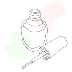 A small bottle of nail polish. Hand-drawn line art with abstract color spots. 