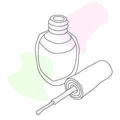 A small bottle of nail polish. Hand-drawn vector line art with abstract color spots. 