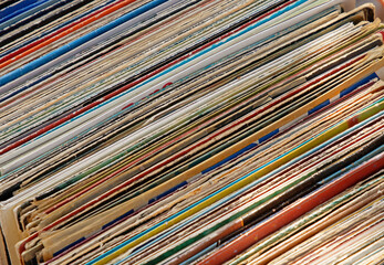 Stack of vinyl records on market