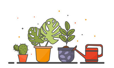 Potted plants with watering can on gray background. Cute pottery template can be used for invitation cards, backgrounds and wallpapers. Flat cartoon vector illustration