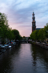 Amsterdam Church and Canal at Sunset