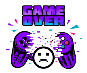Sticker of video game gamepad with glitch effect on white background. Cyberpunk style template. Concept of virtual reality. Cyber sport online tournament. Flat cartoon vector illustration © Rudzhan