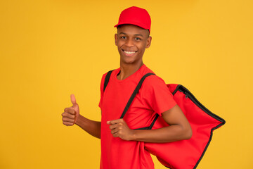 Portrait of a young delivery man showing thumb up.