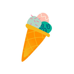 Flat modern illustration of street fast food ice cream in a waffle cup with three balls of cold fresh ice cream