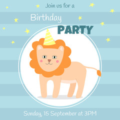 Birthday invitation card with cute lion and birthday hat. 