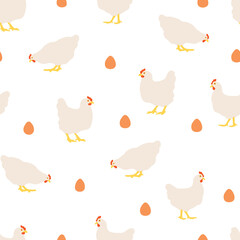 Seamless pattern with hens and eggs on white background. White chickens repeating print.