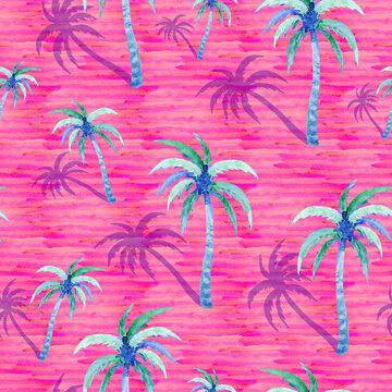 Coconut palms seamless pattern. Summer print with tropical trees on pink watercolor background. 