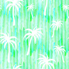 Fototapeta na wymiar Coconut trees seamless tropical pattern. Palm trees silhouettes on teal colors watercolor background. Abstract rain-forest print