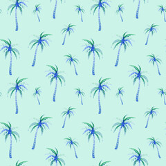 Fototapeta na wymiar Coconut trees seamless tropical pattern. Watercolor palm on mint color background