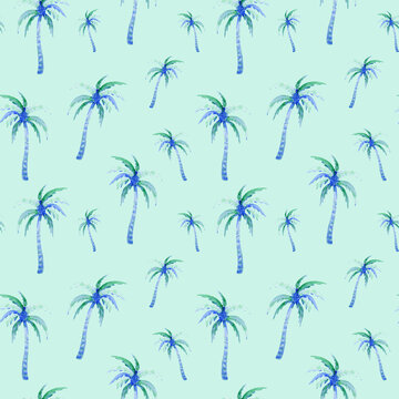 Coconut trees seamless tropical pattern. Watercolor palm on mint color background