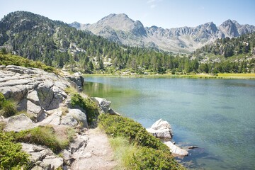 Fototapeta na wymiar Mountain landscapes. Lakes of the principality of Andorra in summer. Ski slopes in summer. Wild animals, cows and horses.