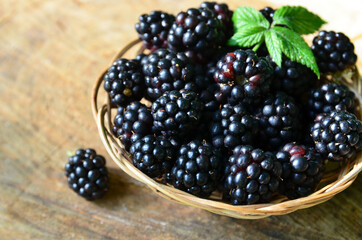 Freshly picked organic blackberries in the basket on a blurred background. Blackberry.Healthy eating,vegan food or diet concept.