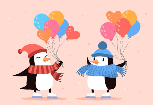 Two cute penguins with colorful balloons on pink background. Childish poster with two penguins dressed in cute colorful clothes. Flat cartoon vector illustration