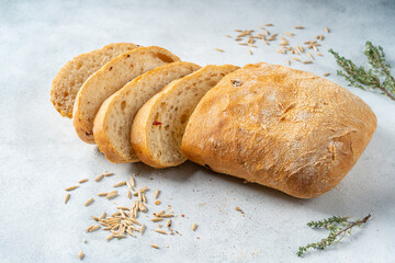 Italian wheat ciabatta with spices and vegetables. Traditional Italian food.